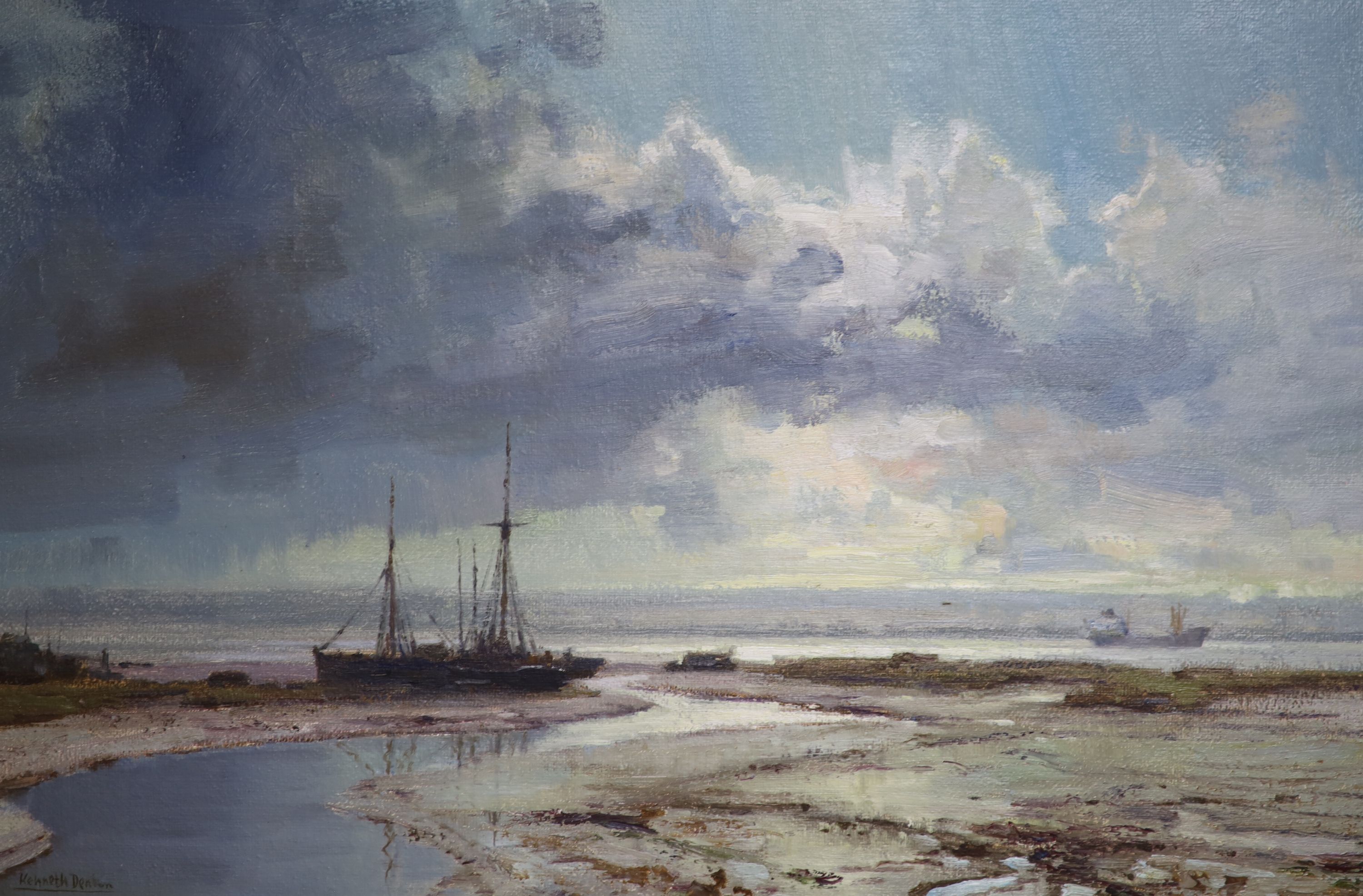 Kenneth Denton (1932-), oil on board, Winter afternoon, River Medway, signed with Stacy Marks label verso, 44 x 67cm